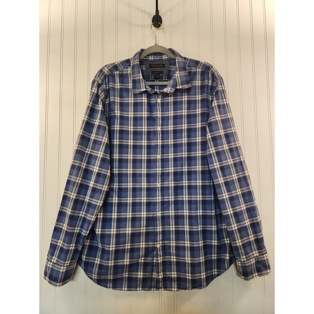Banana Republic Mens XL Grant Fit Custom Wash Blue Plaid Cotton Button Shirt